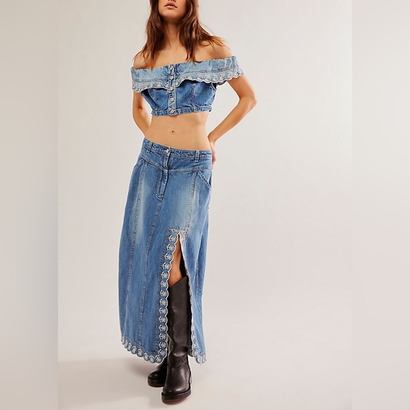 Free People Kora Set - Embroidered Denim Off-Shoulder Crop Top and Maxi Skirt